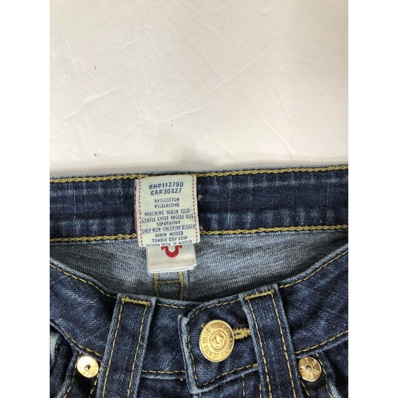 True Religion World Tour Billy Womens 26x29 Blue Denim Jeans Straight Gold Hem - Picture 4 of 9